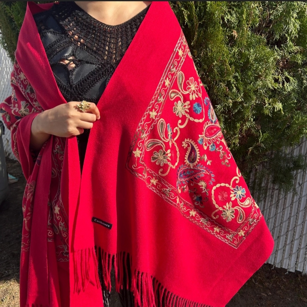 Vibrant Red Embroidered Wrap with Fringe